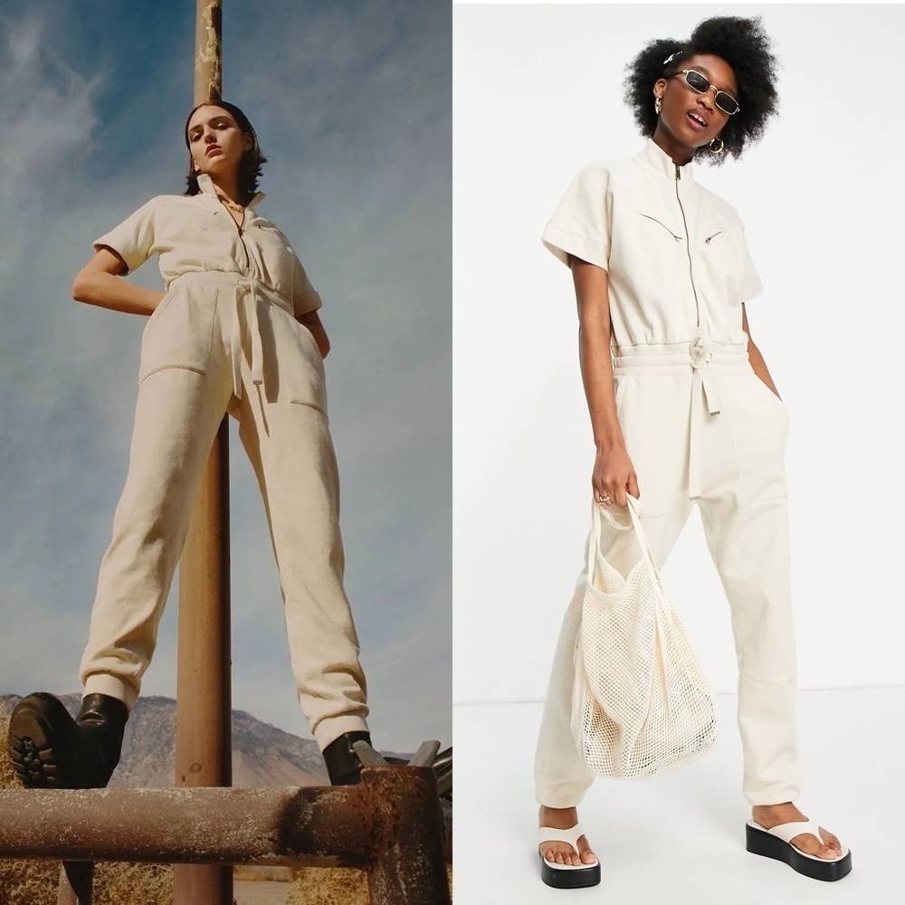 ALLSAINTS Cotton Short Sleeve‎ Cinch Tie Waist High Neck Zip Front Jumpsuit 6